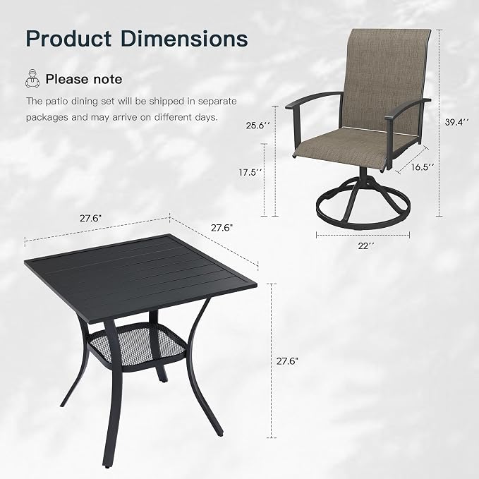 VICLLAX 3 Pieces Patio Outdoor Dining Set, 2 Swivel Textilene Chairs and 27.6" Square Metal Table with Storage for Porch, Deck, Garden, Black/Brown