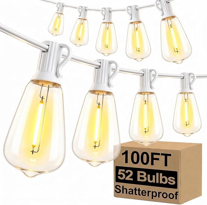 Brightever LED Outdoor String Lights,100FT Patio Lights with 52 Shatterproof ST38 Vintage Edison Bulbs 2700K Dimmable, Outside Hanging Light Waterproof for Porch Deck, Garden, Backyard, Balcony White