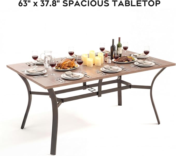 63" x 37.8" Patio Outdoor Dining Table, Wood-Grain Metal Table with Umbrella Hole, All-Weather Dining Table for Party, Lawn & Garden