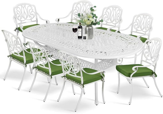 MEETWARM 9-Piece Outdoor Patio Dining Set- 8 Outdoor Dining Cushioned Chairs and 1 Oval Table with 2" Umbrella Hole, All Weather Cast Aluminum Patio Funiture Set for Backyard, White