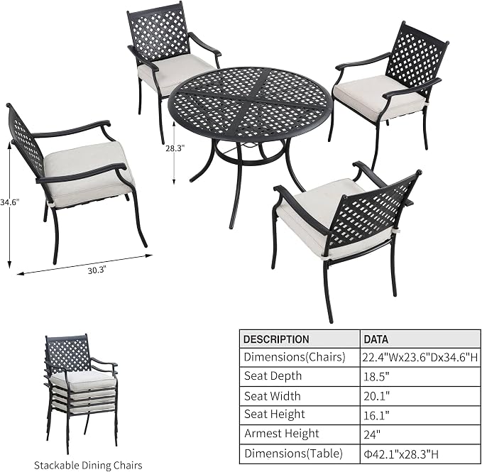 5-Piece Patio Dining Set Heavy Duty Outdoor Dining Furniture Set,Indoor Outdoor Dining Sets with Round Tabletop,4 Stackable Chairs