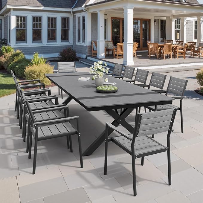 Pellebant 118" Outdoor Dining Table for 8-12, 10ft Aluminum Patio Table with Umbrella Hole, Weather Resistant Grey Wood Grain Tabletop and Sturdy Frame for Deck, Porch, Backyard