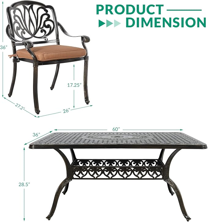 VIVIJASON 7-Piece Outdoor Furniture Dining Set, All-Weather Cast Aluminum Patio Conversation Set, Include 6 Cushioned Chairs and a Rectangle Table with Umbrella Hole for Balcony Lawn Garden Backyard