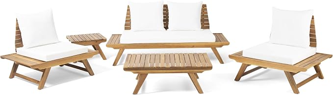 Christopher Knight Home Outdoor Acacia Wood 4 Seater Chat Set with Side Table and Coffee Table, Teak and White