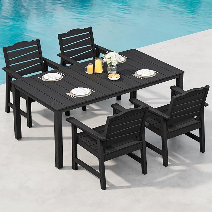 Outdoor Dining Table, Weatherproof 63" Rectangle HIPS Patio Dining Table for 6, with 2" Umbrella Hole, Outdoor Table for Backyard Deck Poolside, Black