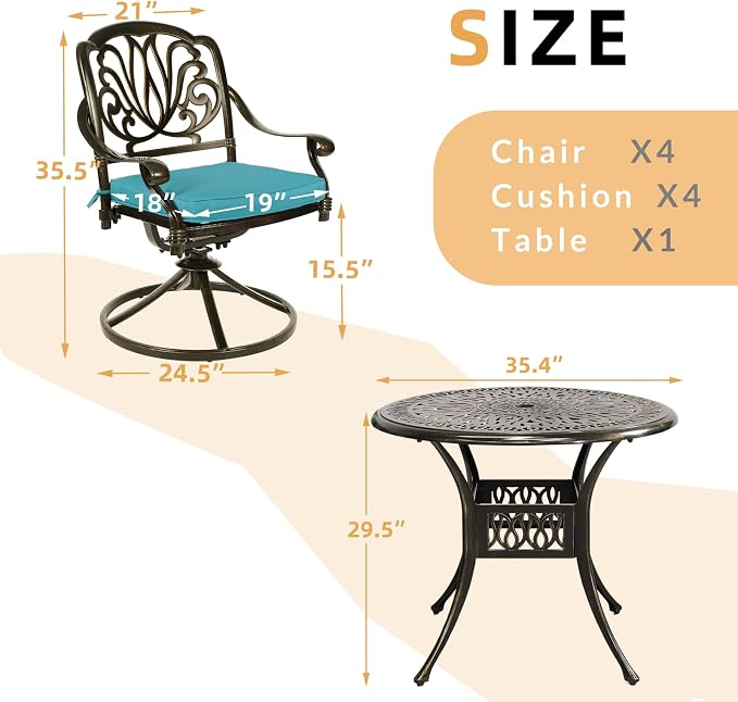 5 Piece Patio Dining Set, Outdoor Table and Chairs Set for 4 Cushioned Swivel Rocking Chairs and 35.4'' Round Table, All-Weather Cast Aluminum Patio Funiture Set, 2'' Umbrella Hole, Blue