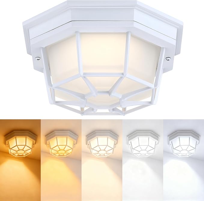 8.5 inch White Outdoor Flush Mount Ceiling Light LED 2700K 3000K 3500K 4000K 5000K 8.5” White Porch Outside Light for Balcony Octagonal LED Ceiling Lights,Aluminum Alloy,Glass,14W, 120V, 750lm-1000Lm