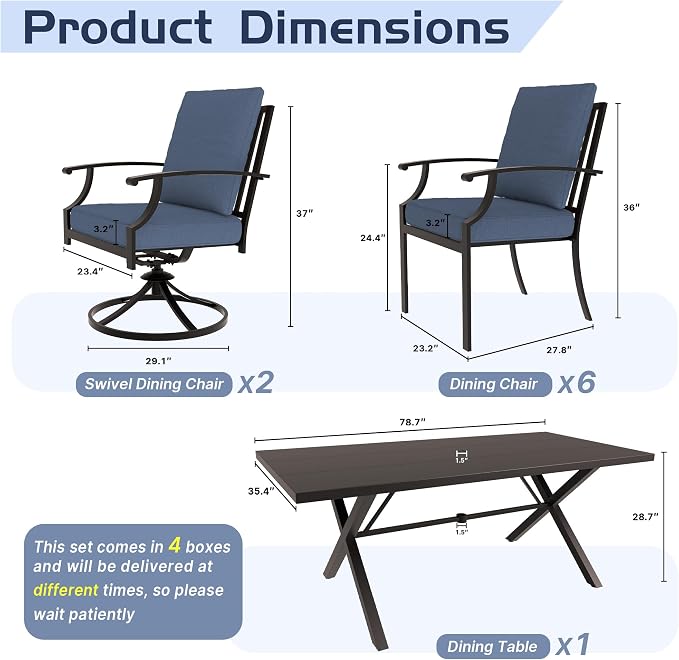 ALAULM 9-Piece Patio Dining Table and Chairs for 8 Outdoor Dining Set with 2 Swivel Chairs Patio Dining Sets with Rectangular Metal Table with Umbrella Hole for Patio, Backyard, Garden-Dark Blue