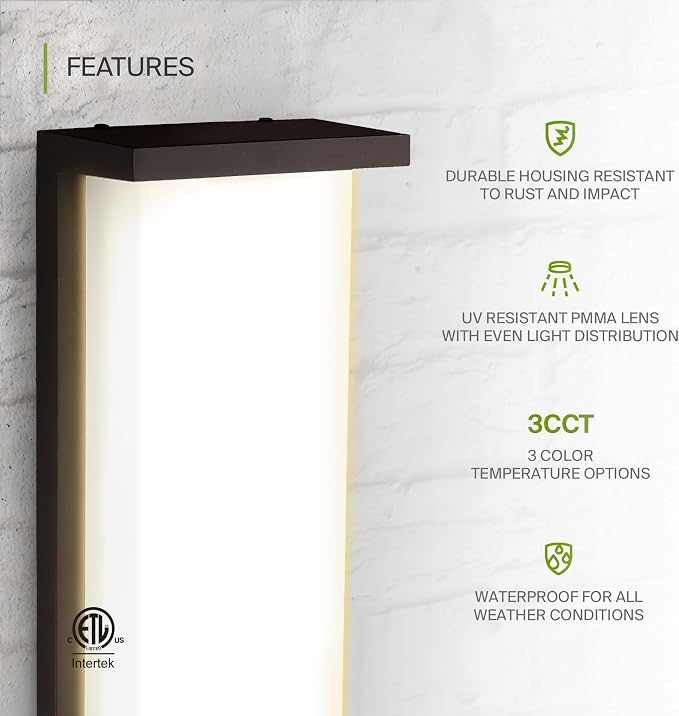 ASD LED 14" Outdoor Wall Light, Front Door House Sconce | 3CCT, Dimmable, Waterproof, ETL Listed | 20W 1900LM 3000-5000K 120V | Exterior Patio Lighting Fixture, Flush Mount Porch Lamp | Black