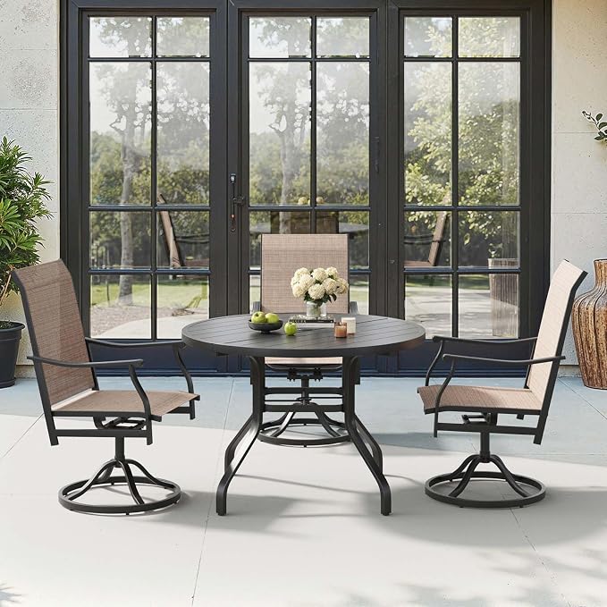HRVEOCEI 47" Outdoor Round Table with Umbrella Hole, Metal Patio Dining Tables for Lawn Garden, Wood-Like Grain Bistro Table Outdoor for Backyard,Poolside,Deck,Por (Dark Black, Round)