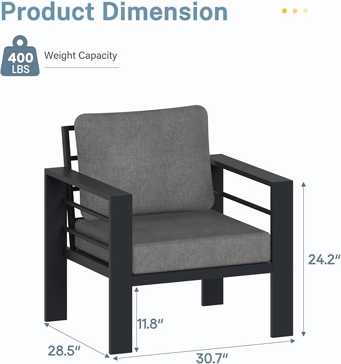 2 Pieces Outdoor Aluminum Armchair, Modern Patio Patio Furniture with 3.54” Wide Seat and Thick Cushions, All-Weather Outdoor Single Sofa for Deck, Porch