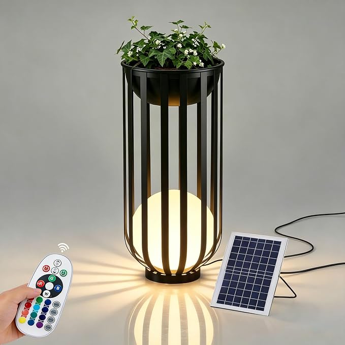 Outdoor Solar Plant Stand Table,Built-in LED Glowing Sphere, Remote Control & Detachable Solar Panel, Rustproof Weatherproof Metal Furniture for Garden Landscape