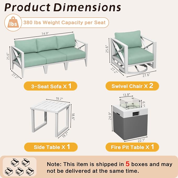 7-Piece Aluminum Patio Furniture Set with Fire Pit Table, Swivel Rocking Chairs & Oversized Sofa, All-Weather Outdoor Conversation Set for Backyard, Deck, Balcony – White