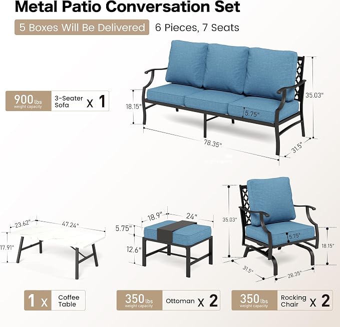 SUNSHINE VALLEY 6 Piece Metal Outdoor Patio Furniture Set, Patio Conversation Set 1 3-seater Sofa, 2 Rocking Chair, 2 Ottomans with 5.75" Thick Cushion and Coffee Table, Black Backyard Furniture, Navy