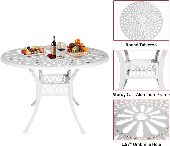 5 Pieces Cast Aluminium Outdoor Patio Dining Set for 4-6 Person,Round 42" Patio Table and 4 Chair with Umbrella Hole,Patio Bistro Dining Set for Garden,White