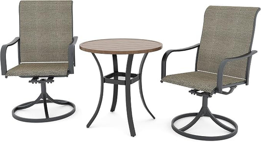 Anmutig 3-Piece Outdoor Patio Dining Set, 27.5" Round Brown Table with 2 Swivel Rocking Patio Chairs Furniture Set for Kitchen Garden, Backyard, Light Tan