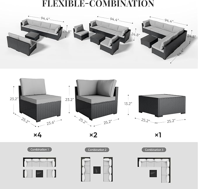 WWR Patio Furniture Set 7 Piece - All-Weather - Wicker Rattan Patio Outdoor Conversation Set, Modular Sectional Sofa for Backyard, Garden, Poolside, Balcony, Porch, Patio, Black/Light Gray