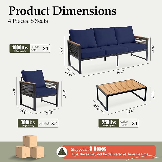 UPHA 4 Pieces Patio Furniture Set, Metal Outdoor Sectional Couch Set with 3-Seat Sofa, 2 Chairs, Coffee Table, Modern Patio Conversation Set for Porch Balcony Deck, 5 Seats, Navy Blue