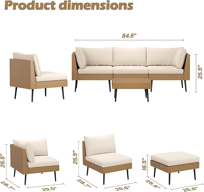 Vikiullf 5 Pieces Patio Conversation Set, Wicker Patio Furniture Set, Outdoor Sectional Sofa with Coffee Table, for Backyard Poolside Deck Patio, 4" Cushions & Modern Design