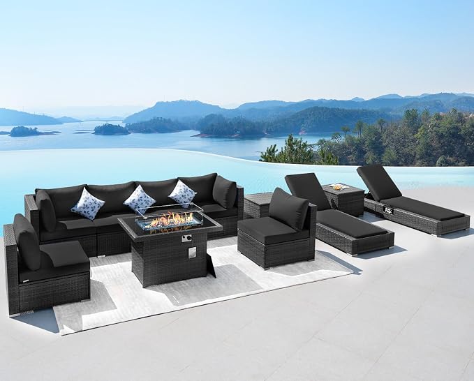 NICESOUL 11-Piece Patio Furniture with Chaise Lounge, Modern Wicker Outdoor Sectional with Fire Pit, Comfortable 29.3'' High-Back Conversation Seating, Heavy Duty All-Weather Couch Set, Grey & Black