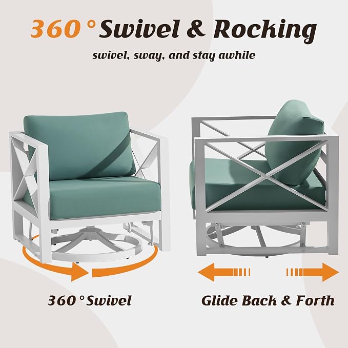 Outdoor 3-Pieces Aluminum Patio Furniture Set, Swivel Rocking Chairs with 5.2" Thick Cushions & Coffee Table, All-Weather Rust-Resistant Frame Conversation Set for Porch, Garden, Backyard, White