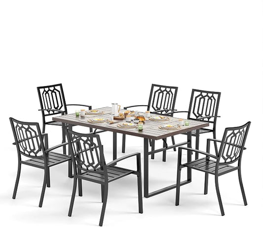 SUNSHINE VALLEY Patio Dining Set,Wood-Like Metal Table w/Umbrella Hole | 64x38 Table&6 Pcs Rust-Proof Stackable Chairs, Outdoor Table and Chairs Set for Backyard Garden Deck
