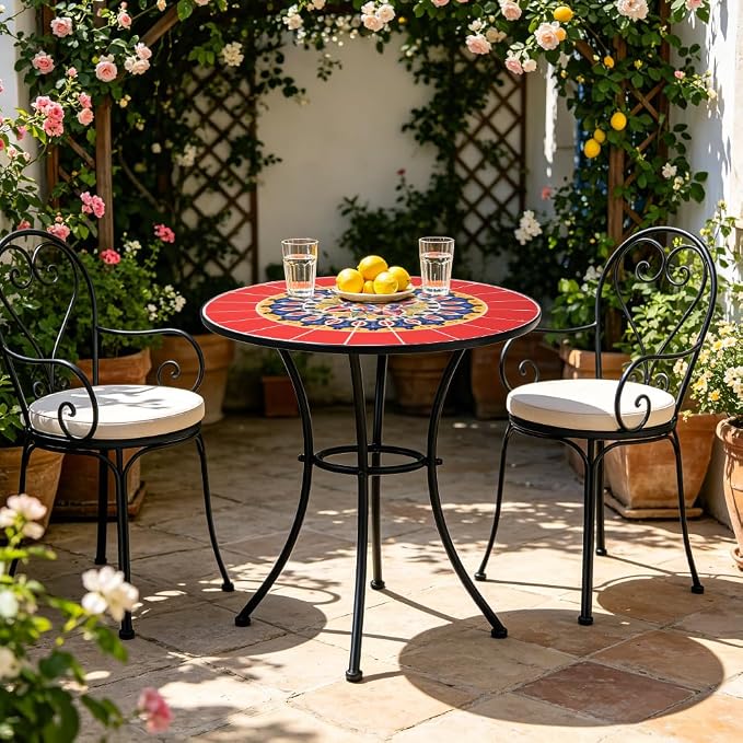 24 Inch Mosaic Patio Round Side Table with Ring Curved Legs Indoor and Outdoor Accent End Table for Yard, Garden, Living Room, Bistro, A - Red Mandala
