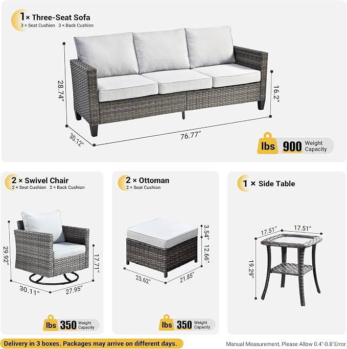 ovios 6 Pieces Patio Furniture Set, Outdoor Wicker Rattan Sofa Couch with Swivel Glider Chairs Comfy Cushions, Modern Conversation Set for Deck Backyard Porch, Grey