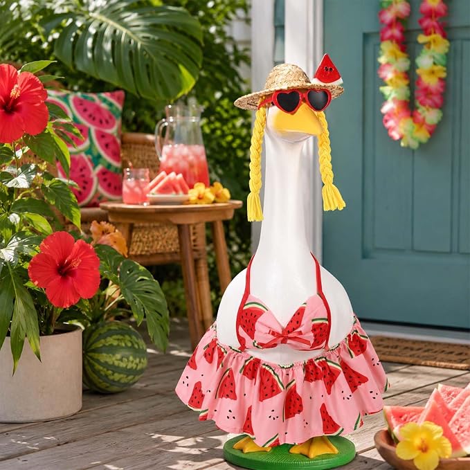 JcHrmers Bikini Goose Outfit Summer Watermelon Porch Goose Outfits Hawaiian Lawn Goose Clothes Fits 23" Cement Plastic Goose Statue for Summer Outdoor Garden Yard Patio Art Decor