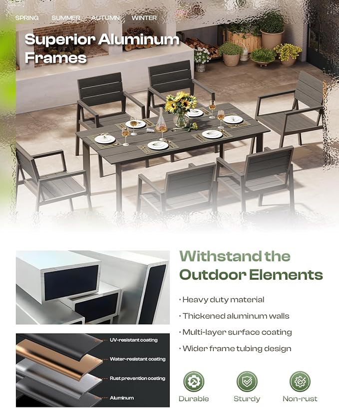 Outdoor Dining Set for 8, Patio Table and Chairs Set with Umbrella Hole, 10 Pieces HDPS + Aluminum Outdoor Furniture Sets for Patio, Garden (Charcoal)
