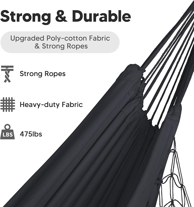 SUNCREAT Hammocks Outdoor Camping Double Hammock with Tassel, Fabric Hammock for Backyard, Dark Gray