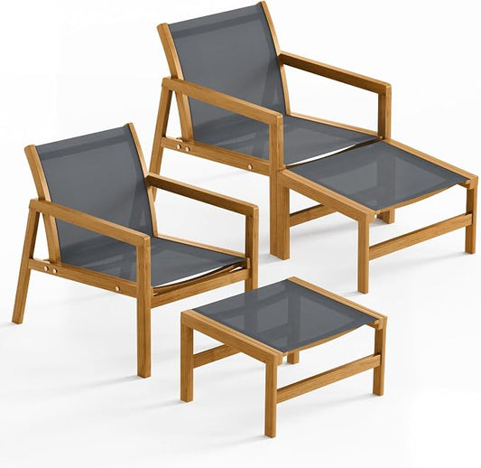 Devoko Patio Furniture Set 4 Piece Outdoor Conversation Set Acacia Wood and Textile Chairs with Footstool for Patio, Lawn, Garden, Poolside