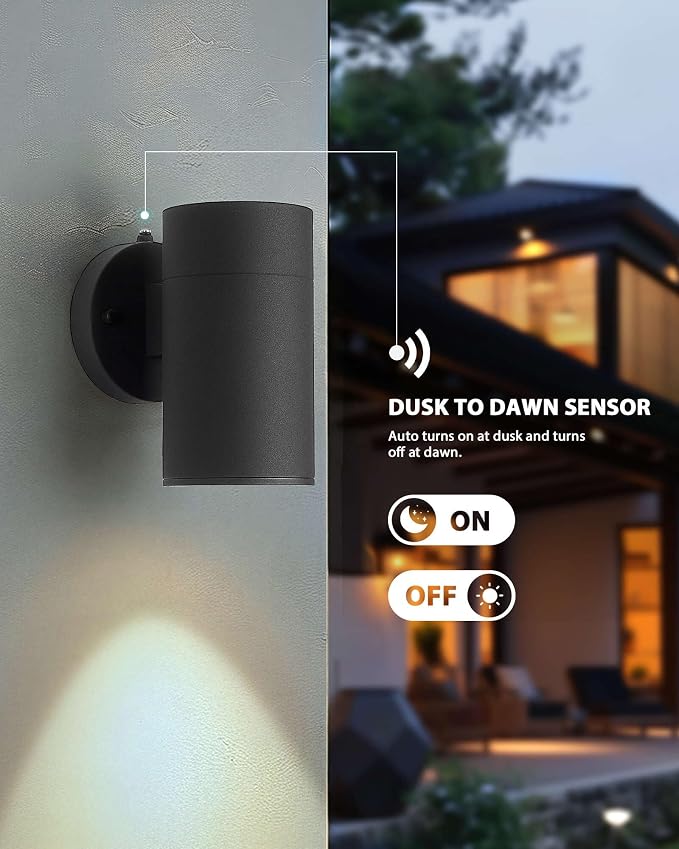 Ken & Ricky Dusk to Dawn Outdoor Wall Sconce Lights,Cylinder，Black ，2 PK | With Glass Cover,Photocell Sensor,No Glare Exterior Lighting Fixtures,E26,For House Front Porch Garage Patio Entryway