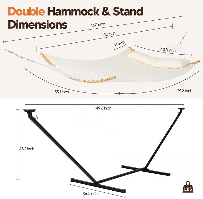 SUNCREAT Double Outdoor Hammock with 12 ft Stand, Self Standing Hammocks with Stand, Beige