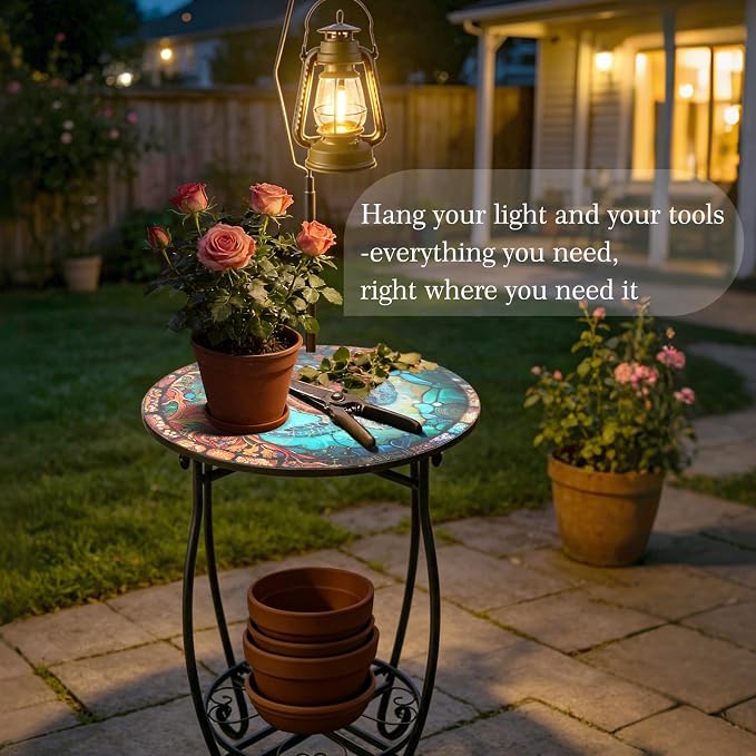 2-Tier Round Metal Side Table with Hanging Hook, Anti-Rust Weather Resistant Iron Accent Side Table for Living Room Bedroom Patio Balcony Indoor Outdoor Small Space, Easy Assemble, 25 Inch Tall
