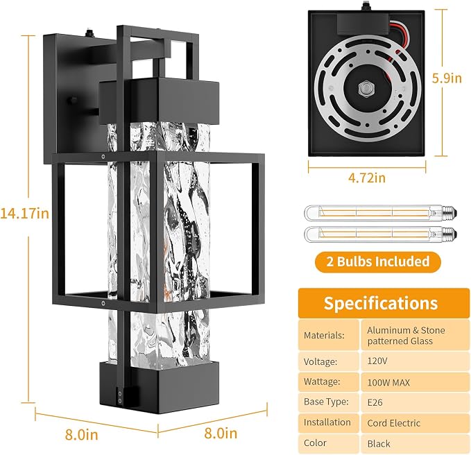 Hotsonic 2 Pack Dusk to Dawn Outdoor Porch Light Fixtures Wall Mount, 14'' Dimmable Exterior Lighting for Outside, Waterproof Wall Lantern Lamps, Black Sconce Coach Lights for House, Garage