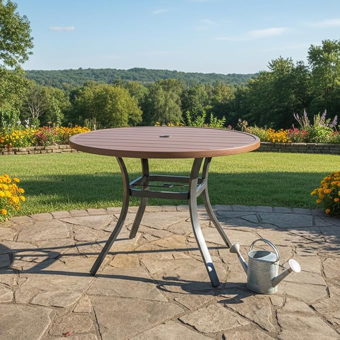 Anmutig Round Outdoor Dining Table, 41-inch All-Weather Patio Table with Adjustable Umbrella Hole for Deck Lawn Garden Backyard Balcony Deck, Metal Frame Slatted Tabletop