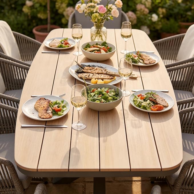 SUNSITT 7 Piece Outdoor Patio Dining Set, Patio Dining Furniture Set with 87” Aluminum Dining Table w/X Base Legs and 6 Woven Wicker Outdoor Patio Chairs w/Curved Armrest for Garden, Dark Grey