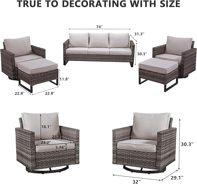 HUMMUH Patio Furniture Set 5 Piece Outdoor Sectional Sofa,PE Wicker Patio Swivel Rocker Chairs with Ottomans for Porch,Garden,Backyard