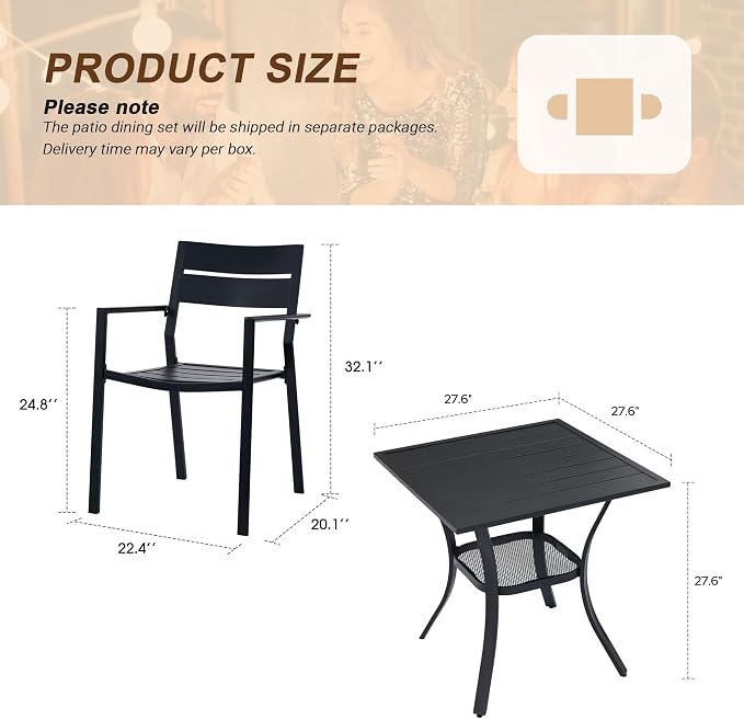 VICLLAX Patio 3 Pieces Outdoor Bistro Table Set, Wrought Iron Metal Furniture with 28" Square Table and 2 Stackable Chairs, Patio Dining Set for Patio, Lawn, Garden, Porch, Black