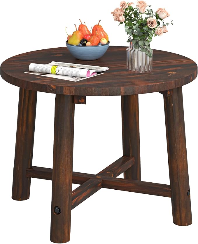 Tangkula Outdoor Side Table, Patio End Table with Solid Wood Structure, Small Round Coffee Table for Garden, Deck, Poolside & Indoors (1, Brown)