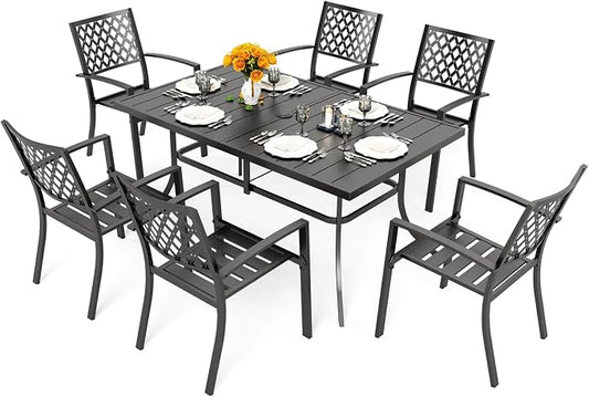 PHI VILLA 7 Pcs Patio Dining Set for 6, Rectangular Metal Table | 60”Black Metal Table with Umbrella Hole&Wrought Iron Chairs, Patio Furniture Set for Patio, Deck, Porch, Backyard