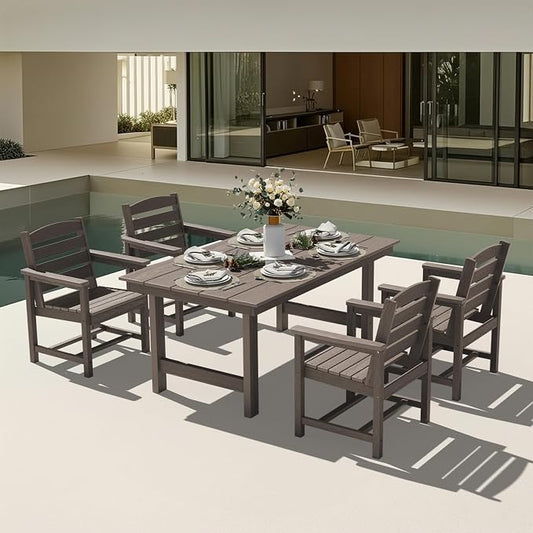 KINGYES 5 Piece Patio Dining Set for 4, HDPE Outdoor Table and Chairs Set with Umbrella Hole, Dark Brown