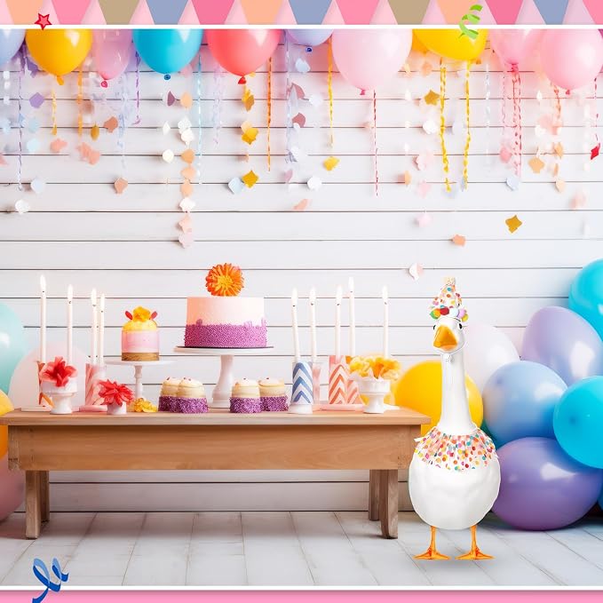 Birthday Porch Goose Outfit Lawn Clothes Hat and Tutu Collar Plastic Outfits for 23" 17" Cement Goose Outdoor Garden Lawn Art Decor(Colorful,Dots)
