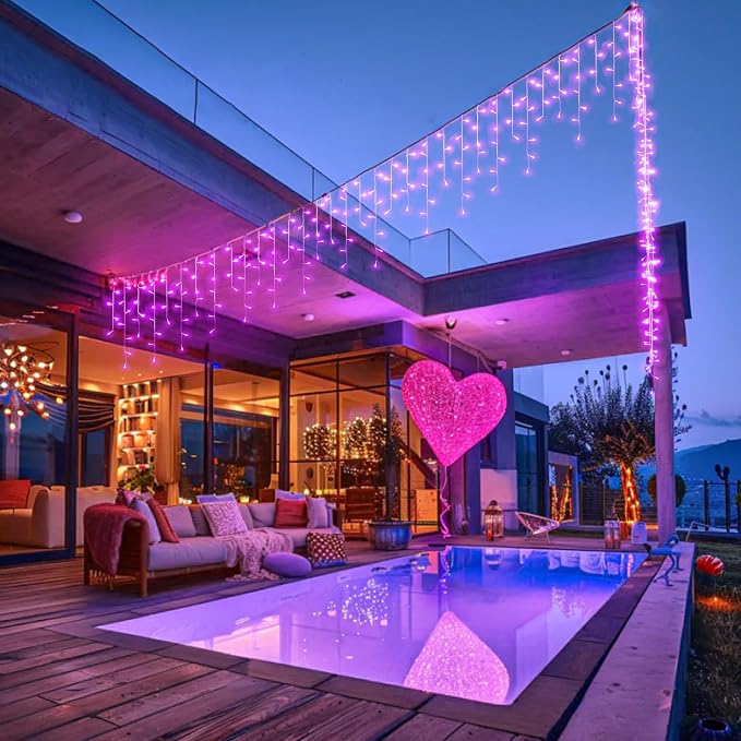 Pink Christmas Lights Outdoor Icicle Lights for Outside 66ft 640 LED String | Twinkle Lights with 8 Modes Connectable Timer Waterproof for House Window Party Wedding Yard Holiday Valentine's Day Decor