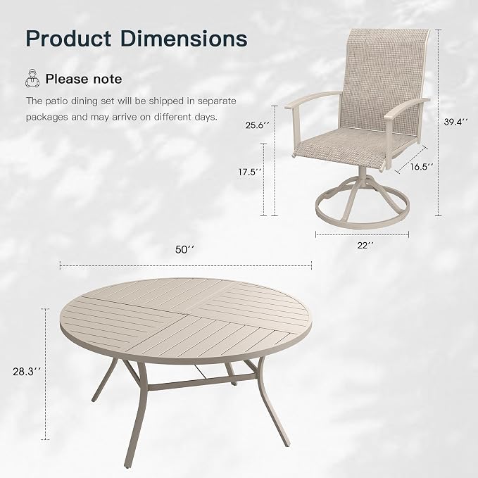 VICLLAX 7 Pieces Patio Outdoor Dining Set, 6 Swivel Textilene Chairs and 50" Round Metal Table with Umbrella Hole for Porch, Deck, Garden, Sandshell