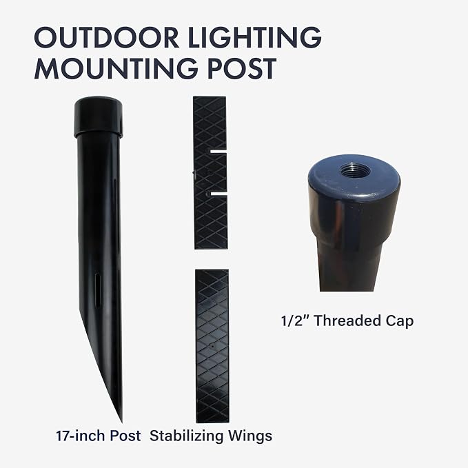 17" Outdoor Landscape Lighting Mounting Post – Heavy Duty ABS Ground Stake with Stabilizing Wings & 1/2" NPT Threaded Cap for Flood Lights, Spotlights & Outdoor Fixtures, MPOST17