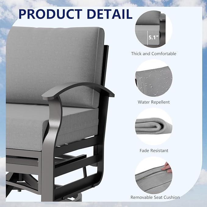 Aluminum Outdoor Patio Furniture Set,5 Seats Patio Conversation Sets with 45" Propane Fire Pit Table 2 Ottomans,Metal Furniture Set with 2 Swivel Rocking Chairs,Grey