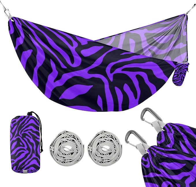 Purple Black Print Camping Hammock, 330lbs Load Capacity, Comfortable Portable Hammock with Tree Straps for Outdoor, Backyard, Beac