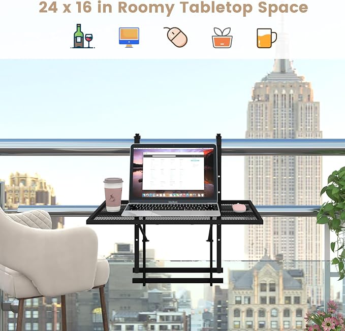 LDAILY Balcony Railing Table, Large Metal Folding Hanging Table with 5-Level Adjustable Height, Heavy-Duty Outdoor Bar Table Fits 1.4”-4” Railings for Patio, Porch, Deck, Black
